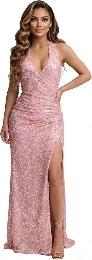 Halter Sequin Prom Dress for Women 2026 Pleats Formal Evening Dress with Slit L01032