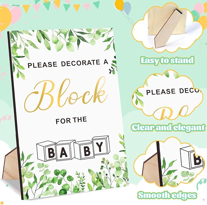 Baby Shower Blocks Game Set with Wooden Box, Acrylic Markers & Wooden Sign for Baby Shower Games, Gender Reveal & Decorations (GreenLeaves)