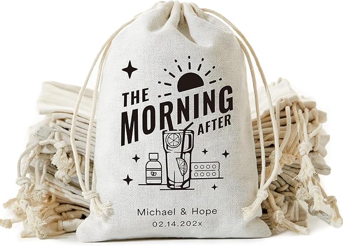 25PCS Custom Wedding Hangover Recovery Kit Bag, Eco-Friendly Ink Hand-Printed Cotton Drawstring Survival Kit, Bachelorette Party & Wedding Guest Favor Emergency Bag