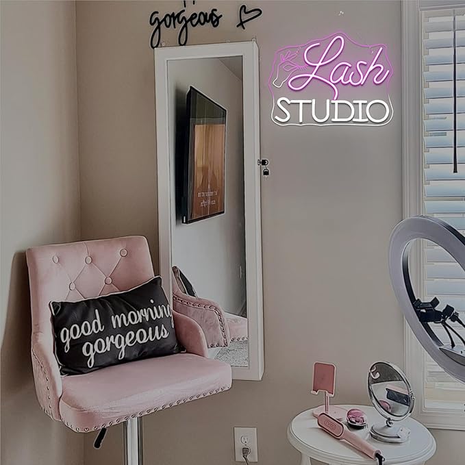 Lash Studio Neon Sign Eyelashes Room Neon Signs For Wall Decor Dimmable Led Light Spa Beauty Makeup Salon Studio Barber Shops Decoration Lash Tech Gifts Usb Powered 14.6" X 7.5"