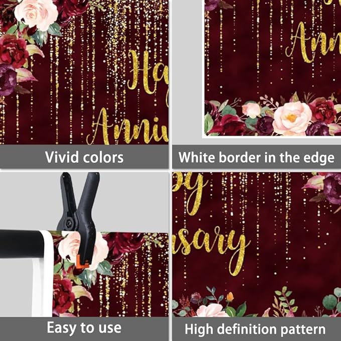 10x6.5ft Happy Anniversary Backdrop, Gold Glitter Burgundy Wedding Anniversary Background 1st 40th 50th 68th Couple Wedding Women Birthday Floral Party Decorations Cake Table Decor