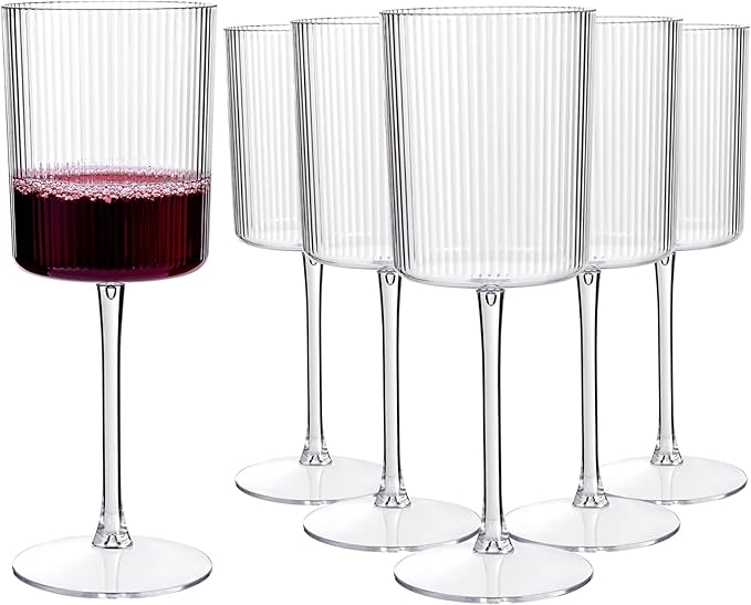 YOUBET 24 Pack Plastic Ribbed Wine Glasses - 10 OZ Clear Square Wine Glasses with Stem - Heavy Duty Vintage Disposable Champagne Cups for Wedding Parties