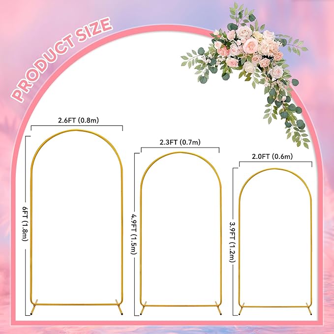 3 Pack Wedding Arch Backdrop Stand, Gold Metal Balloon Arch Stand (6FT, 4.9FT, 3.9FT), Set of 3 Arched Frame Decoration for Wedding, Birthday, Baby Shower, Party