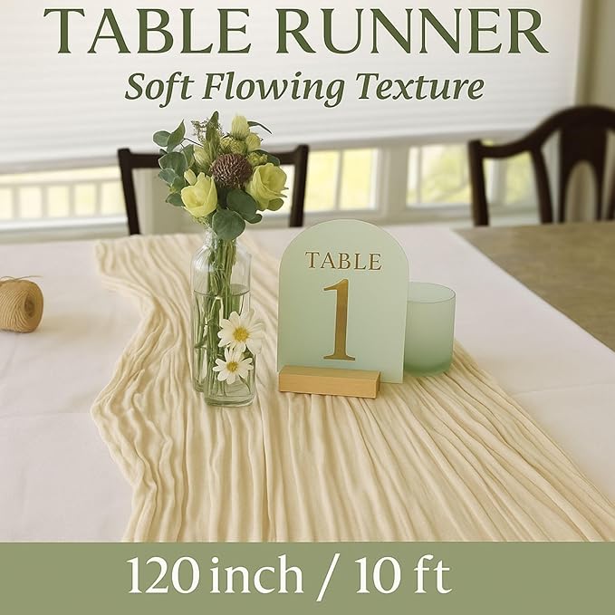 12 Pack Beige Cheesecloth Table Runner – 10FT x 12pcs Soft Gauze Boho Table Runners for Baby Shower, Coastal Wedding, Modern Rustic Party Decor