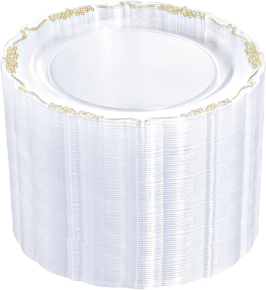 DaYammi 60PCS Clear Plastic Plates Heavy Duty Clear Disposable Plates 7.5” Fancy Gold Dessert Platos Small Cake Plates Appetizer Platos Hard Round Plastic Disposable for Wedding and Party