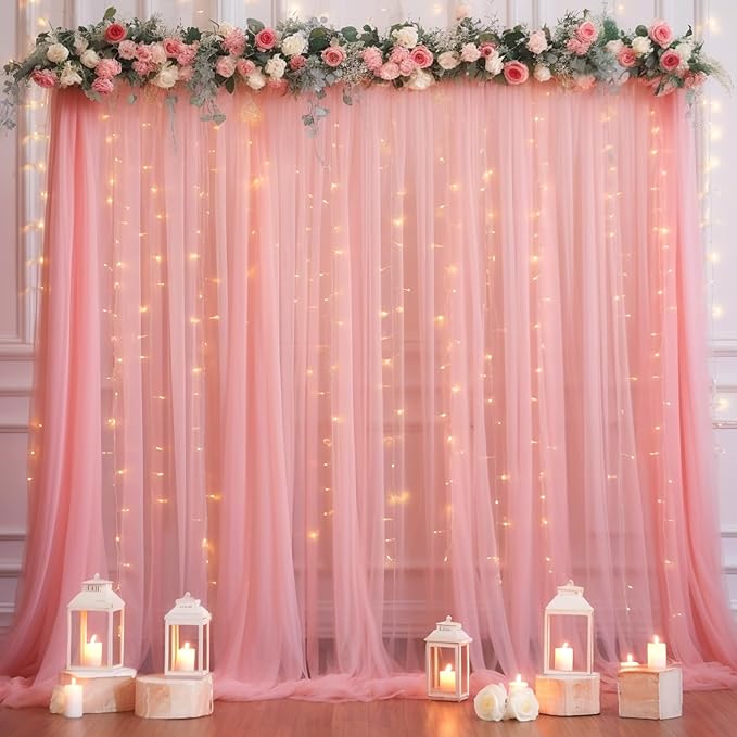 30x8ft Dusty Rose Tulle Backdrop Curtain with Lights String for Parites, Sheer Photo Backdrop Curtains with Lights for Wedding Backdrop Ceremony Reception Bridal Shower Baby Shower Birthday Party