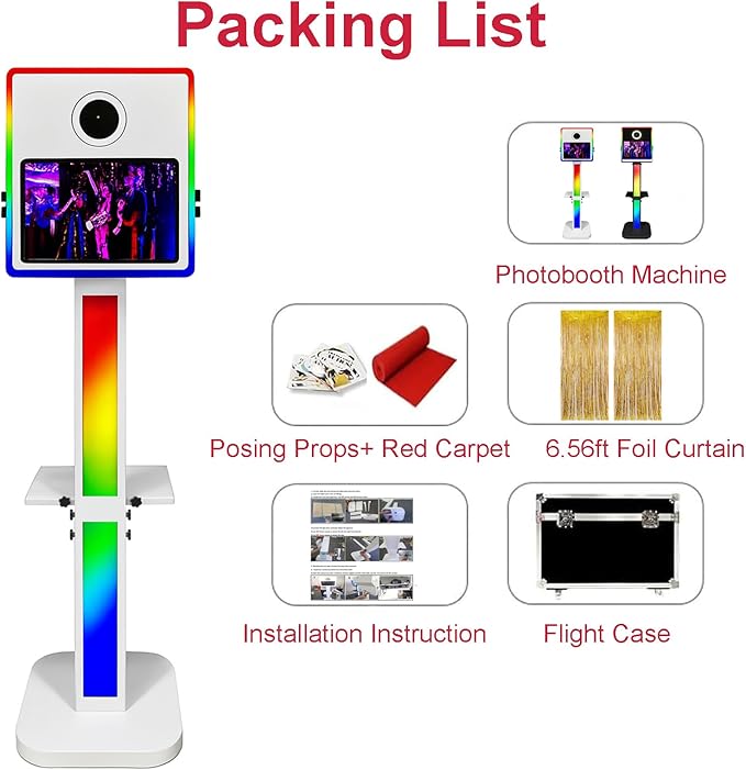 Portable Selfie Photo Booth 15.6" Touch Screen, Mirror Photobooth Machine RGB Lights Stand Built-in Mini PC Flight Case for Birthday Wedding Party Events Rental (White Color)
