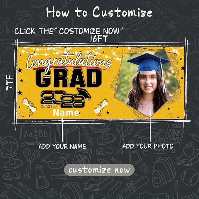 Custom Garaduation Garage Door Banner Cover 16 x 7 ft Class of 2026 Congrats Grad Party Backdrop Personalized Graduation Decoration(Yellow and Black)