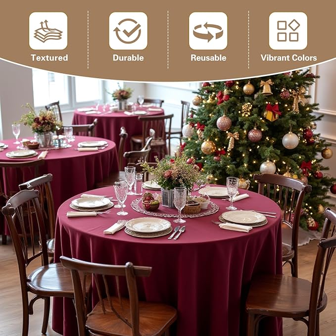 sancua Round Tablecloth 132 Inch Diameter, 6 Pack Burgundy - Circle Polyester Fabric Table Cloth for Christmas Party Reception Banquet Birthday, Washable Formal Table Cover (Fit 54-96 Inch Tables)