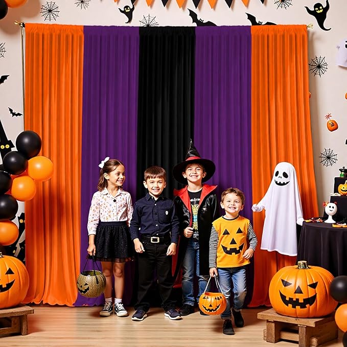 Halloween Backdrop Curtain - 10×10ft Black Orange Purple Party Background Decor for Spooky Parties, Photo Booths, Home Haunted House, Reusable Holiday Wall Decoration for Adults Teens