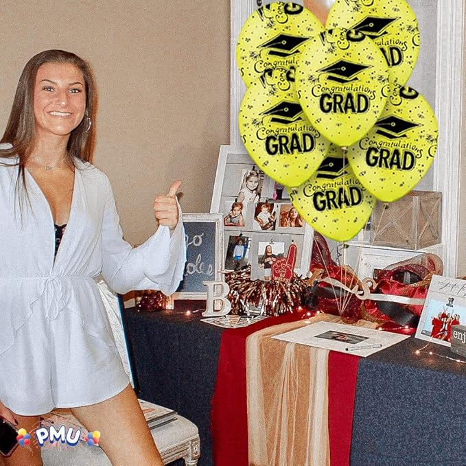 PMU 100 Pcs Crystal Yellow Graduation Balloons Class of 2025 with All-Over Print White Grad Caps-Confetti and Streamers | Graduation Party Supplies | Congratulations Grad Latex Balloons Latex