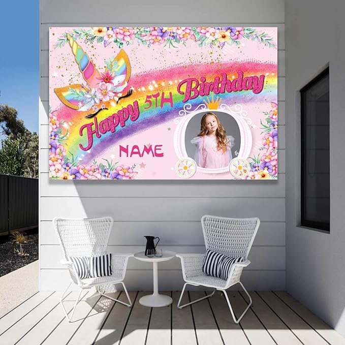 Custom Unicorn Rainbow Happy Birthday Party Decorations Supplies Personalized Unicorn Rainbow Birthday Backdrop Banner(5x7.5ft)