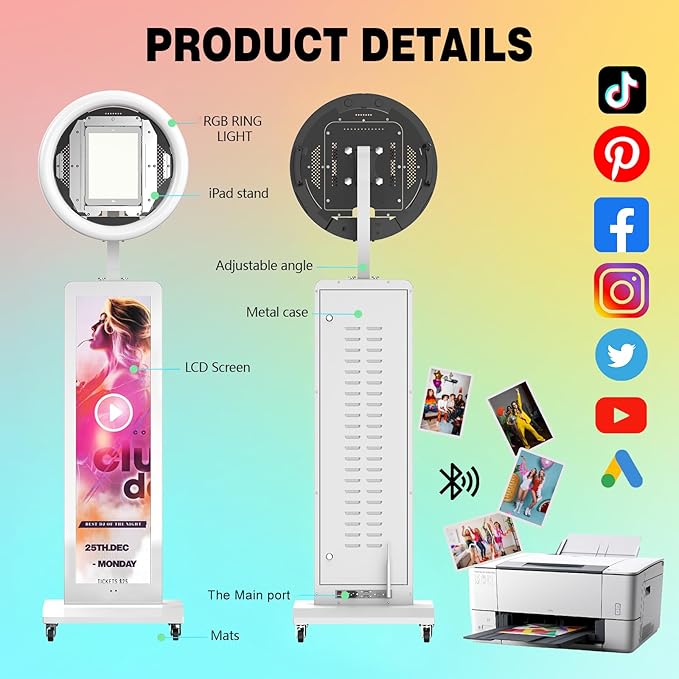 HARZHI Portable Photo Booth Compatible with Ipad, Photo Booth Shell Stand Stand Provide Chacktok Photo Booth Software for Party and Wedding, Free Custom Logo, Flight Case (LCD Screen+White)
