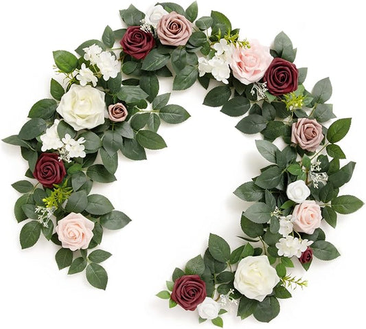 Ling's moment 5FT Dusty Rose Artificial Flower Garland Blush Rose Leaves Floral Garland Arch Flowers Vine for Wedding Party Backdrop Decor Mantel Home Table Centerpieces Wall Decorations Cream