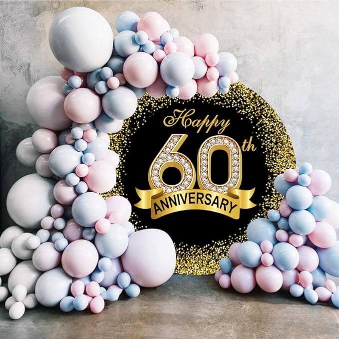 7.5x7.5ft Happy 60th Anniversary Round Backdrop Cover Luxurious Diamond Black Gold Happy 60th Years Circle Backdrop Background Gold Glitter Sequins Dots Ribbon Decor Banquet Dinner Party Props