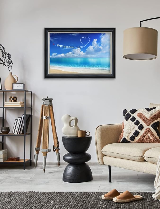 IPIC - Seaside Skywriting Personalized Framed Wall Art with Names and Date on, Giclee Prints Framed with Solid Wood, Custom Memorial Gifts for Wedding Anniversary. Total Size: 27.25" W x 19.25" H