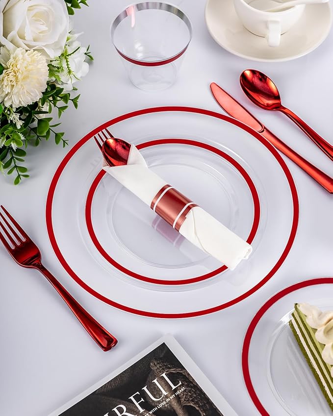 175PCS Plastic Clear & Red Plates for Party, Disposable Dinnerware Sets Suitable for 25 Guests,50 Plastic Plates, 25 Cups, 25 Pre-Rolled Napkins with Cutlery for Christmas, Wedding