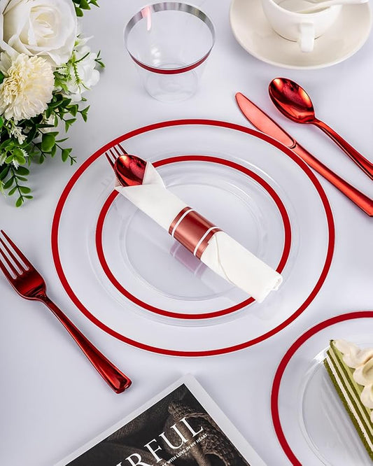 175PCS Plastic Clear & Red Plates for Party, Disposable Dinnerware Sets Suitable for 25 Guests,50 Plastic Plates, 25 Cups, 25 Pre-Rolled Napkins with Cutlery for Christmas, Wedding