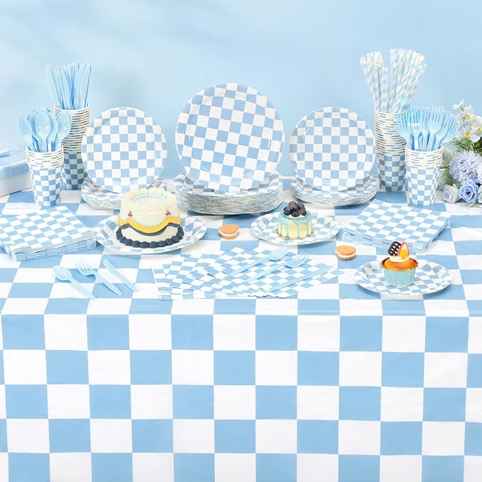 452 Pcs Light Blue and White Checkered Party Supplies for 50, Blue Checkered Gingham Paper Plates Napkins Cups Tablecloth Cutlery Straws for Picnic Camping Birthday Baby Shower Decoration