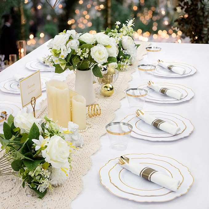 Liacere 175pcs Gold Plastic Plates - White and Gold Disposable, 50PCS Plastic Dinner Plates, Perfect for Wedding & Party & Holiday & Mother's Day & New Year