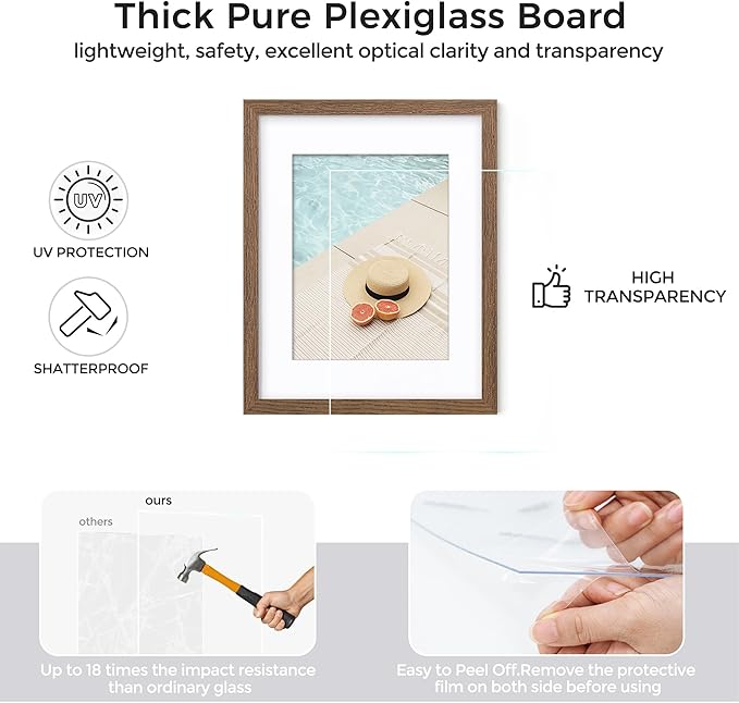 Axeman 8x10 Picture Frame - Solid Oak Wood 8''x10'' Frame With Mat For 5x7, 8 x 10 Photo Frame Wood, Plexiglass And Hanging Hardware Included, Wall And Tabletop Display, Walnut 3PCs