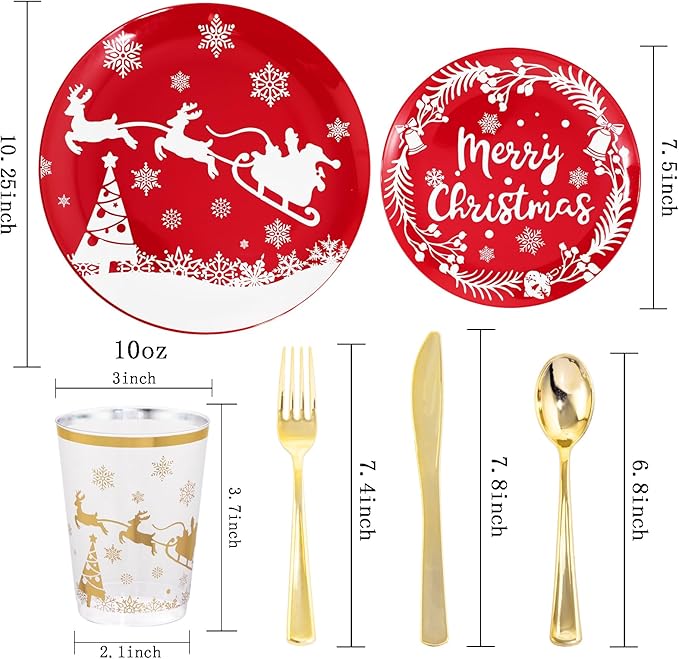 LIYH 150 Pcs Plastic Christmas Dinnerware Set, Red Christmas Plates with Reindeer Design, Gold Plastic Silverware, Xmas Gold Cups, Festive Holiday Tableware Party Supplies