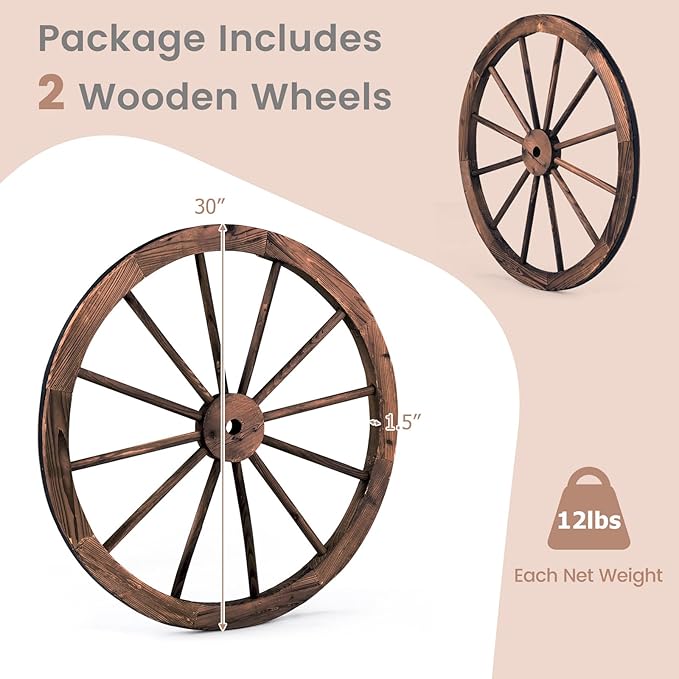 Tangkula 30" Decorative Wooden Wheels Set of 2, Decorative Wall Fir Wood Treated by Carbonization, Vintage Wagon Wheels for Garden, Bar, Restaurant Decoration (2 Pack)