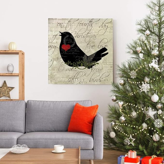 Renditions Gallery Twelve Days of Christmas Wall Art, Four Calling Birds, Cute Winter Artwork, Holiday Song Decor, Premium Gallery Wrapped Canvas, Ready to Hang, 24 in H x 24 in W, Made in America