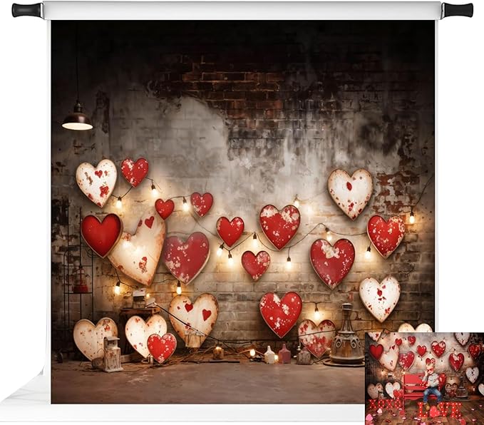Kate Sweet Heart Backdrop Red Love Heart Brick Wall Photo Background Party Decor Photo Booth Props, 8x8