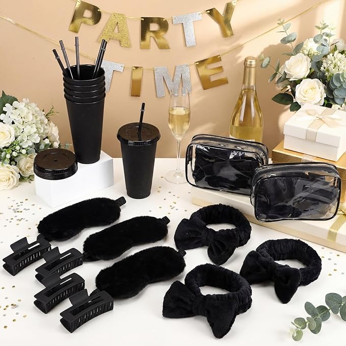 30 Pcs Spa Party Favors for Women Sleepover Party Supplies 6 Bow Headband 6 Eye Mask 6 Hair Clip 6 Cosmetic Bag 6 Glitter Plastic Cup for Adult Spa Birthday Bachelorette Gift(Black)