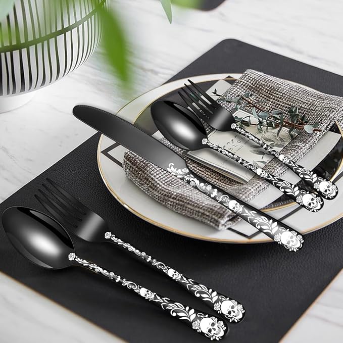 XIAOYU 40 Piece Halloween Skeleton Silverware Set, Tableware Cutlery Set Service for 8, Forks Knives Spoons Sets with Gothic Skull Flower Pattern, Stainless Steel Flatware Set Utensils for Kitchens