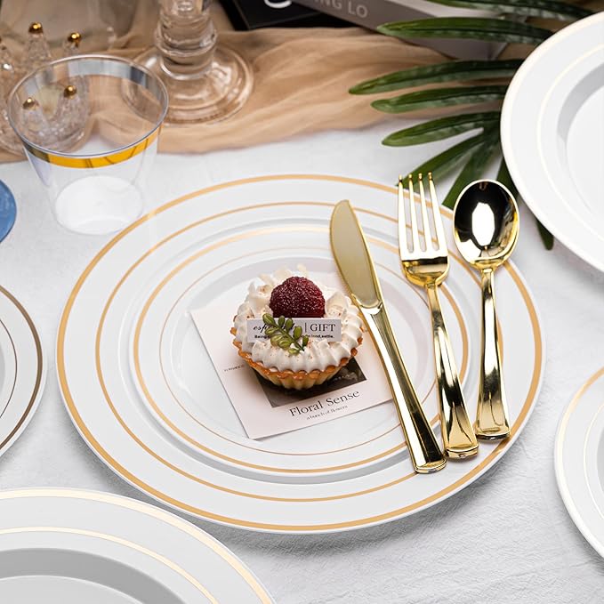N9R 700PCS Gold Disposable Dinnerware Set for 100 Guests, White Plastic Plates with Gold Rim, Include 100 Dinner & Dessert Plates, Plastic Silverware Set, Cups, Napkins for Party and Wedding
