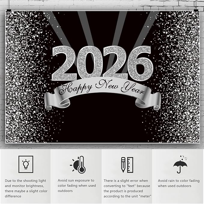 YongFoto 2026 Happy New Year Backdrop 8x6.5ft Black Silver Photography Background Merry Christmas Night Festival Carnival Celebration Party Banquet Decor Banner Photoshoot Wallpaper Photo Booth