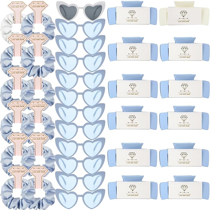 Bridesmaid Scrunchies Proposal Hair claws clips Set of 12 Bridal Shower heart sunglasses Gifts for Wedding Bachelorette Party Favors (36pcs White&Dusty Blue)