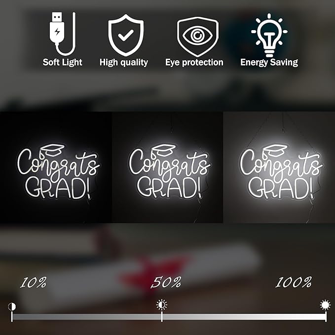 Congrats Grad Neon Sign - 11.3 * 16.7 Inch White Adjustable LED Graduation Decorations for Class of 2026 Party Room Dorm Backdrop Celebration Gifts Graduation Gift