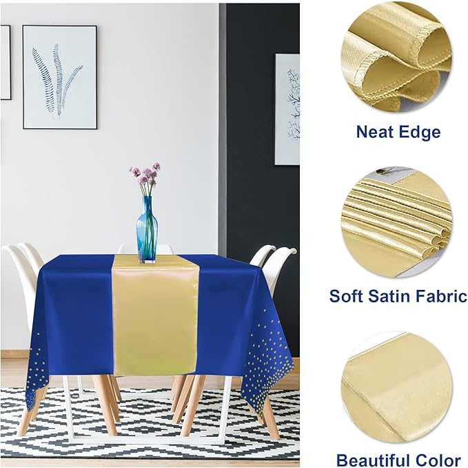 24Pack Disposable Plastic Tablecloths and Satin Table Runner Set Blue and Gold Dot Tablecloth Gold Satin Table Runner for Wedding Birthday Baby Shower Anniversary Christmas New Year Party Decorations
