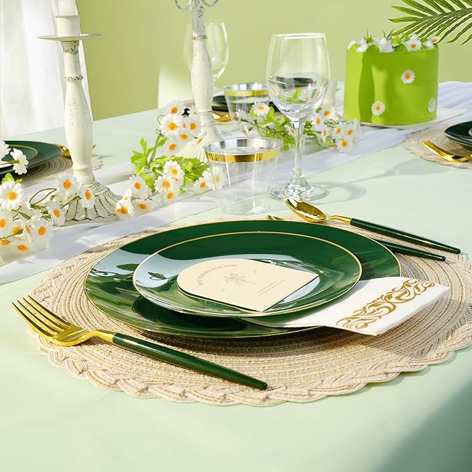 175 Pieces Green Gold Plastic Dinnerware Set, Gold Disposable Plates for Party, Include 50 Green Plates with 75 Plastic Cutlery, 25 Napkins and 25 Cups