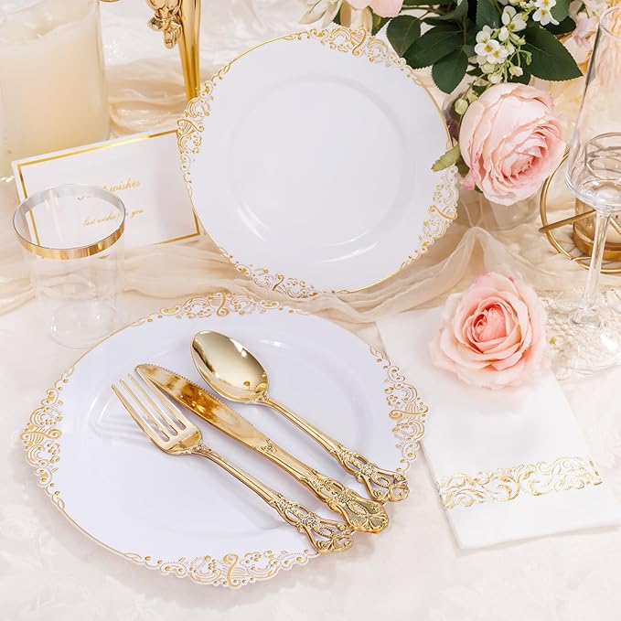 YOUBET 700PCS Gold Plastic Dinnerware Set - White and Gold Disposable Plates for 100 Guest - 200 Disposable Plates, 300 Heavy Duty Plastic Silverware, 100 Cups,100 Napkins for Wedding