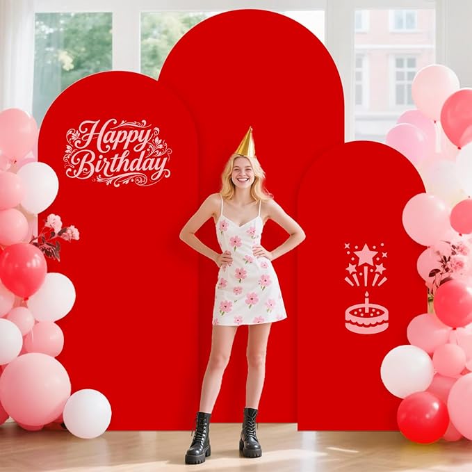 Set of 3 Metal Arch Backdrop Stand and Cover Set 6FT & 5FT & 4FT Gold Balloon Arched Stand Frame with Spandex Arch Cover Red Backdop Covers for Birthday Party Baby Shower Anniversary Decor