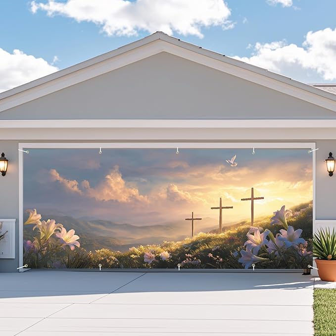 Easter Cross and Lilies Garage Door Banner 7x16FT, Religious Easter Decoration with Crosses and Lilies, Outdoor Spring Holiday Decoration for Yard and Garage