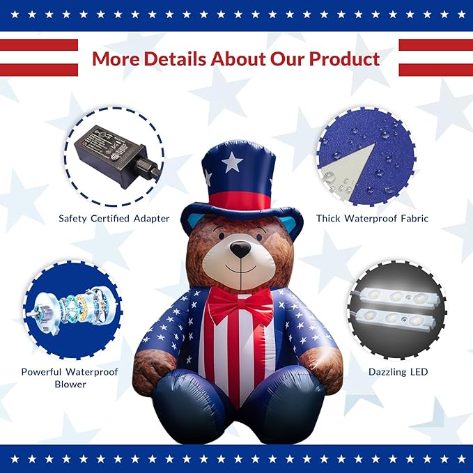 5.6FT 4th of July Inflatables Bear with Bow LED Inflatable Outdoor Holiday Yard Decorations Blow Up Decor for Patriotic Decorations Advertising Business Promotion