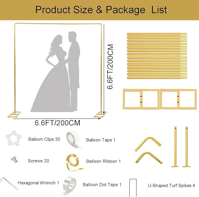 6.6FTx6.6FT Square Backdrop Stand, Gold Wedding Arch Backdrop Stand, Metal Heavy Duty Balloon Arch Stand Frame for Wedding Party Birthday Baby Shower Decoration Anniversaries (gold, 6.6FT*6.6FT)