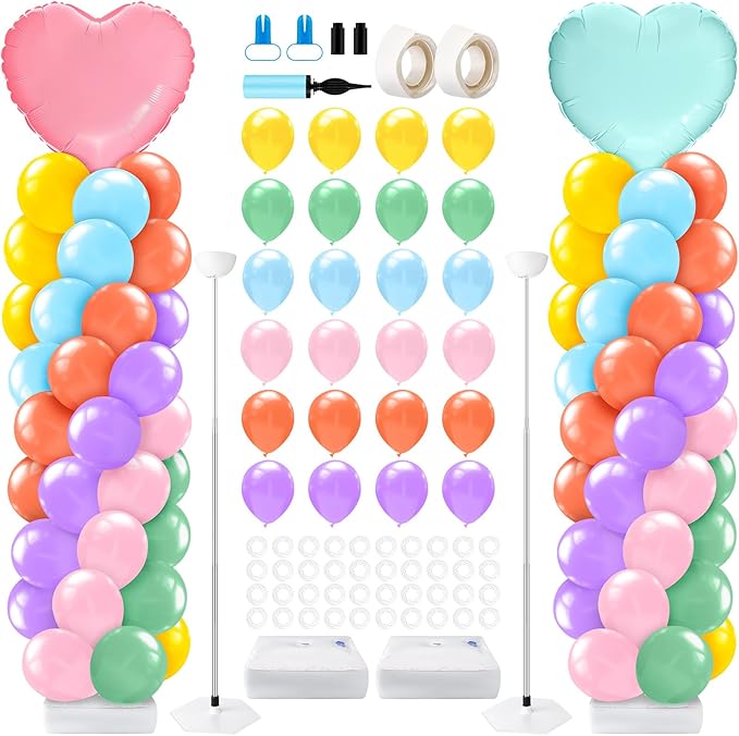 Kasyat 2 Set Valentines Day Balloon Column Stand Kit with 2 Candy Pastel Heart Love Foil Balloons, Valentines Day Arch Garland Stands for Valentine's Wedding Anniversary Party Supplies Decoration