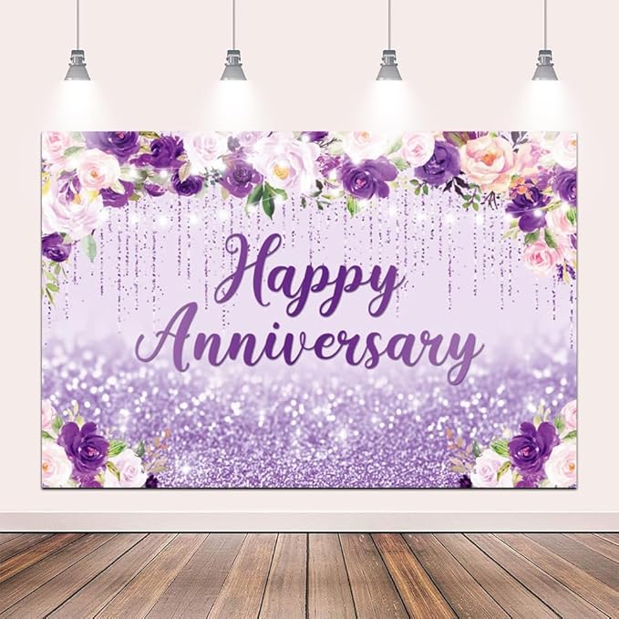 9x6ft Happy Anniversary Backdrop, Floral Glitter Backdrop for Women Wedding Anniversary Decoration Violet and Pink Flowers Photography Background Cake Table Banner Party Decor