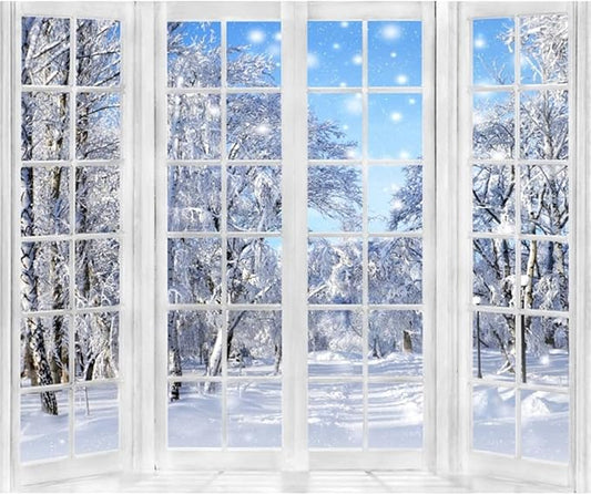 10x8ft Winter Backdrop Christmas Backdrops for Photography Window Snowy Wonderland New Year Background Family Gathering Party Banner Decorations Portrait Photo Booth Props
