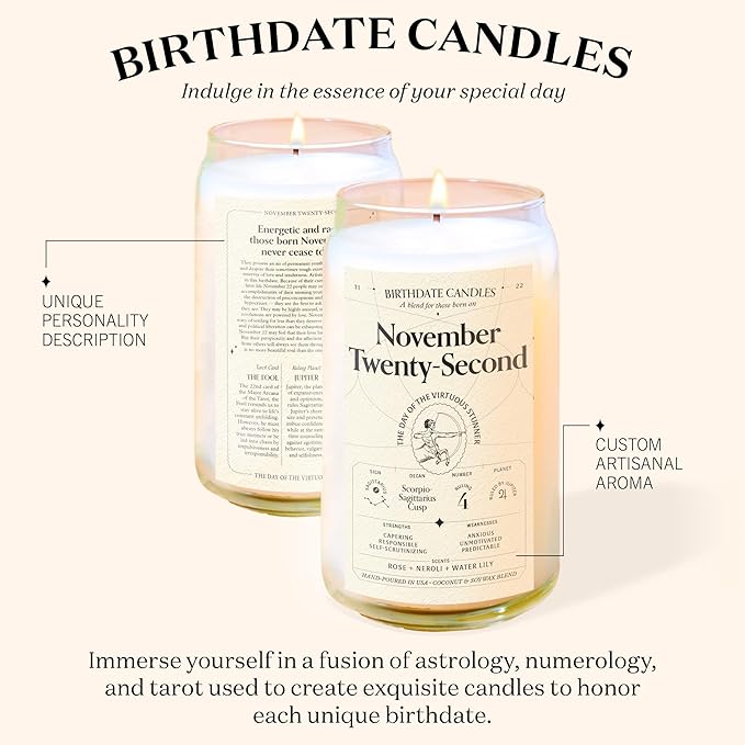 Birthdate Candles, November 22 - Sagittarius Zodiac Scented Candles Birthday Gift - Rose, Neroli & Water Lily Scent - All-Natural Soy & Coconut Wax, 60-80 Hour Burn Time - Made in USA