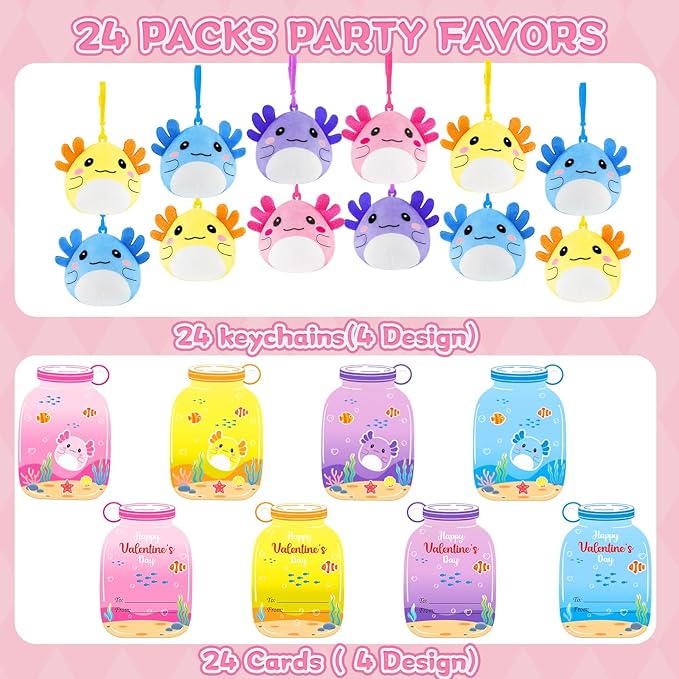 Valentines Day Cards Gifts for Kids Classroom, 24 Pack Axolotl Plush Toy Keychains with Valentines Greeting Cards for Boys Girls Toddlers, Stuffed Animals Set for Class Student School Exchange Party Favors