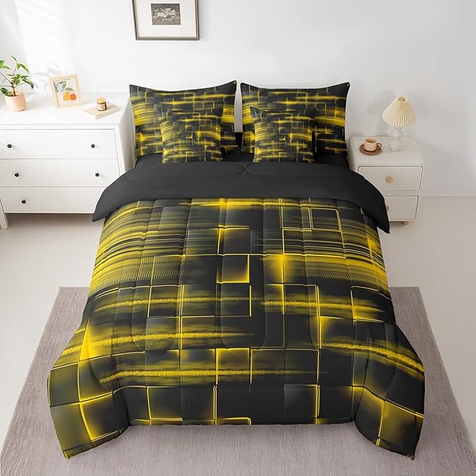 Feelyou Yellow Black Bedding Set Full Size Boys Girls Geometric Strip Lines Comforter Set with Sheets 7 Piece for Bed in a Bag Abstract Modern Bed Set with Comforter,Sheets,Pillowcases