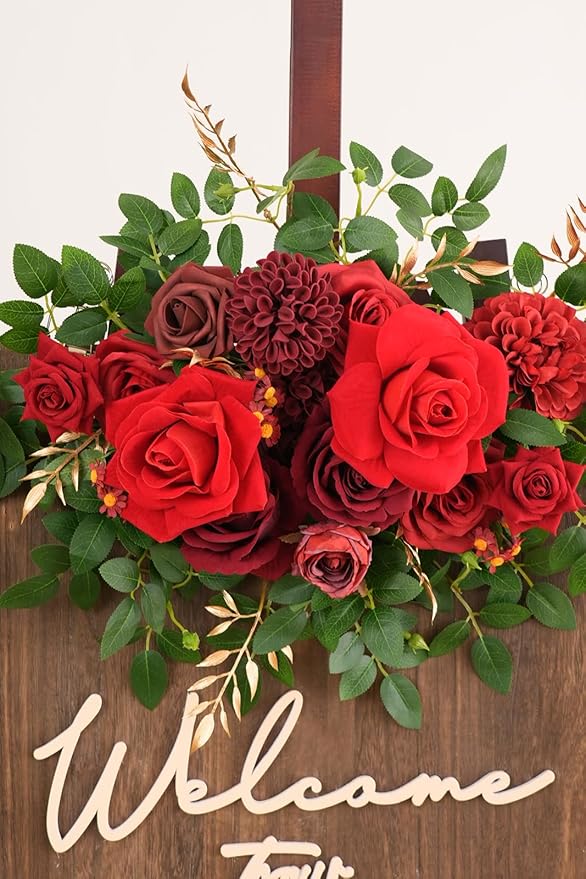 2pcs Burgundy & Red Deluxe Welcome Sign Artificial Flowers Wedding Backdrop Garland Hanging Floral Arrangements for Ceremony Reception Entryway Board Sweetheart Table