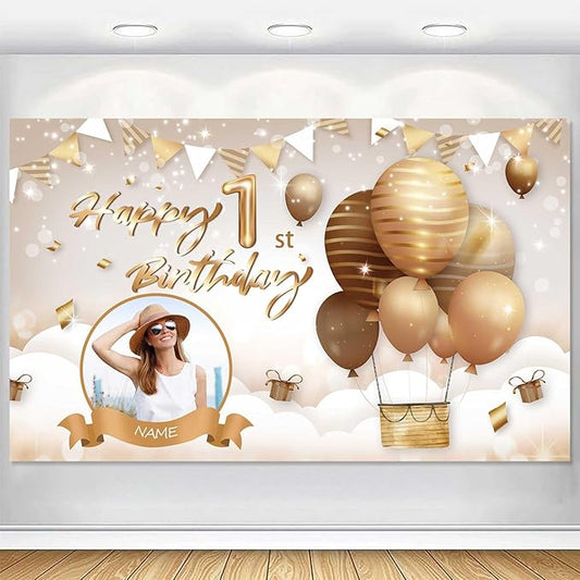 Custom Beige Happy Birthday Banner Backdrop Large Happy Birthday Hot Air Balloon Backgroud Party Indoor Outdoor Car Decoration Supplies for Girl Women (5x7.5ft)